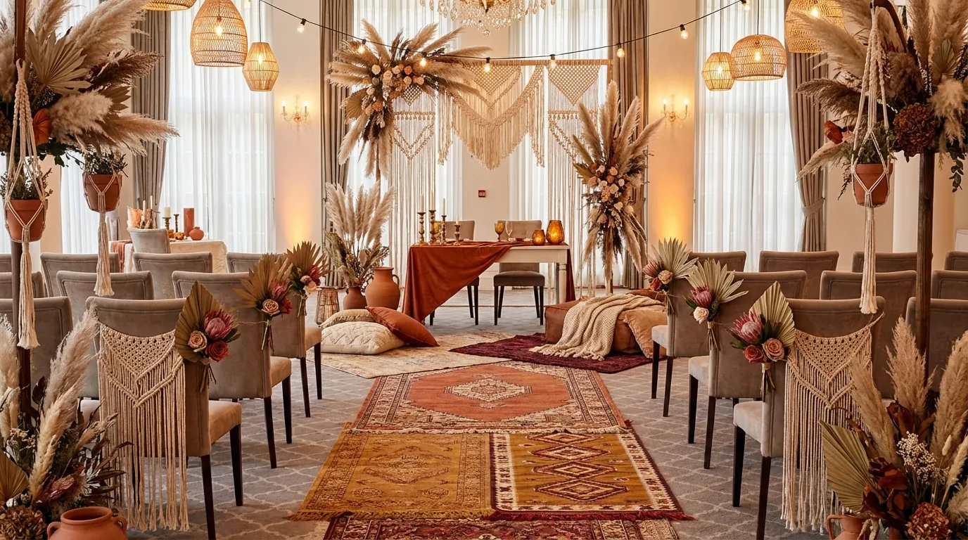 Bohemian ceremony with dried florals and macramé