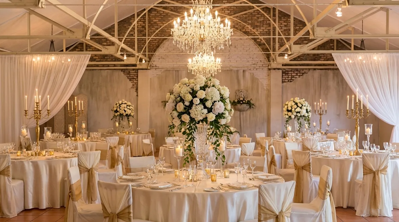 Classic ballroom reception with white roses