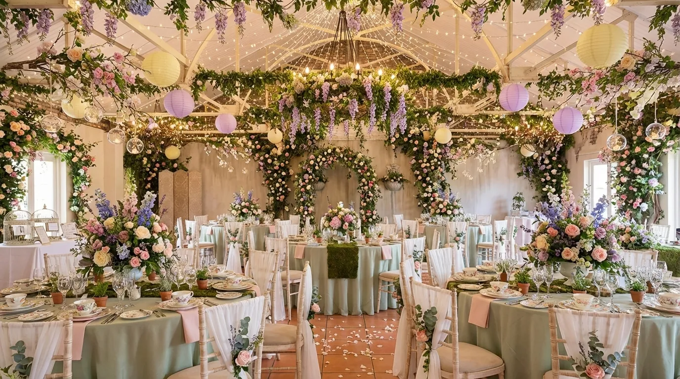 Garden reception under greenery and lights